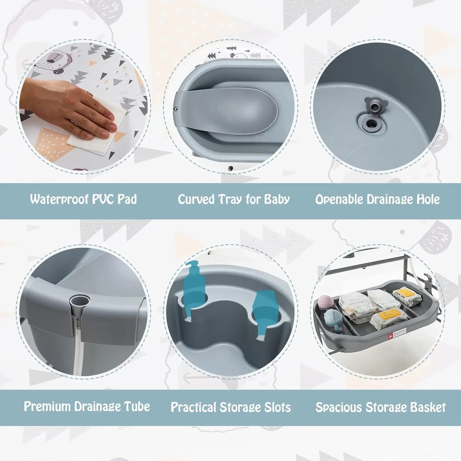 Baby Bathtub with Changing Table, Foldable Infant Diaper Changing Station with Storage Tray, Waterproof Pad, Portable
